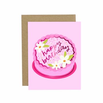 Happy Birthday Pink Floral Cake Greeting Card